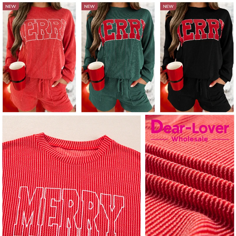 Dear-Lover Wholesale OEM ODM Corded Christmas Letter Graphic Knitted Casual Corded Long Sleeve Top And Pants Two Piece Set