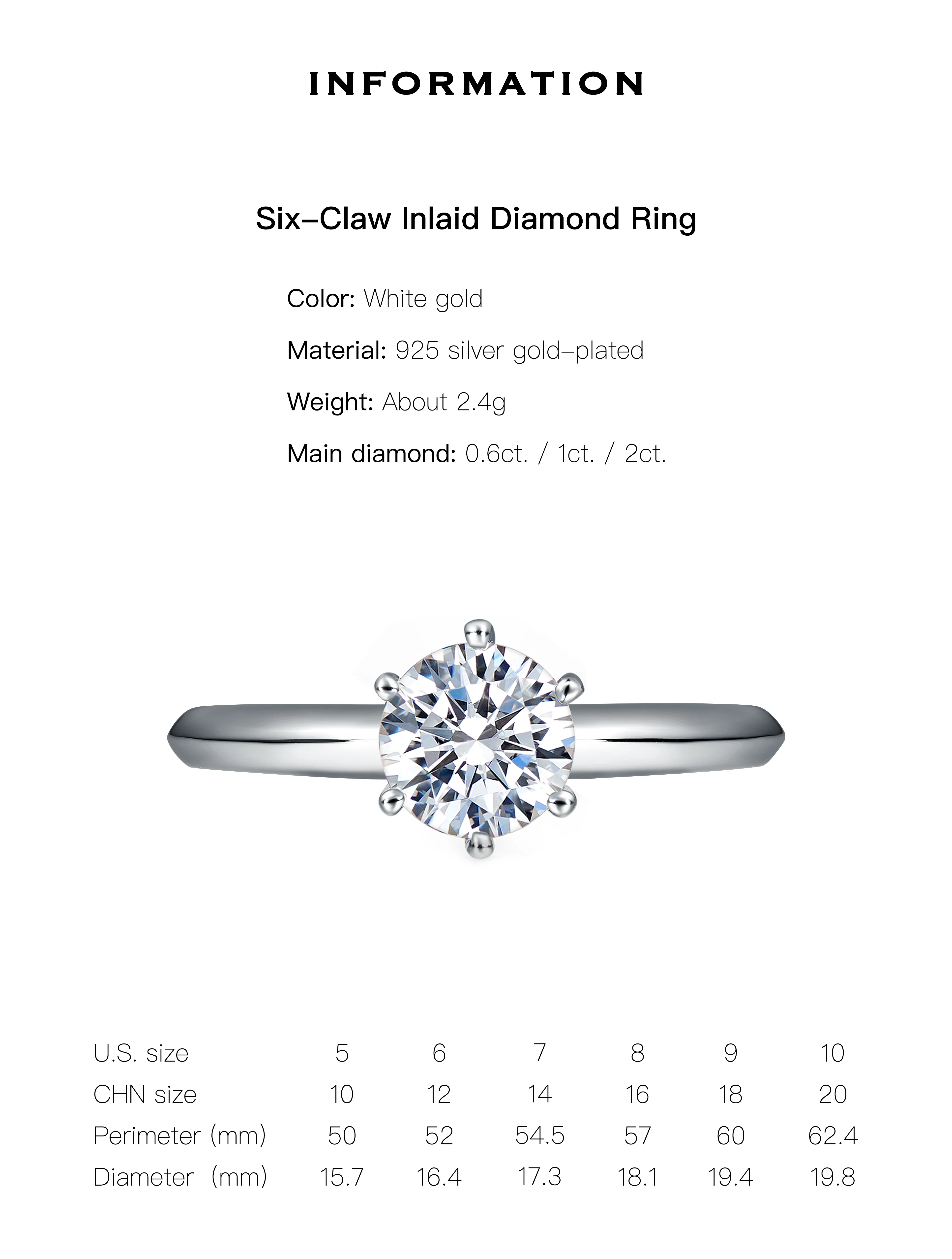 2022 Rochime Fashion 18k white gold lab grown diamonds rings classic brilliant round cut six claws engagement ring