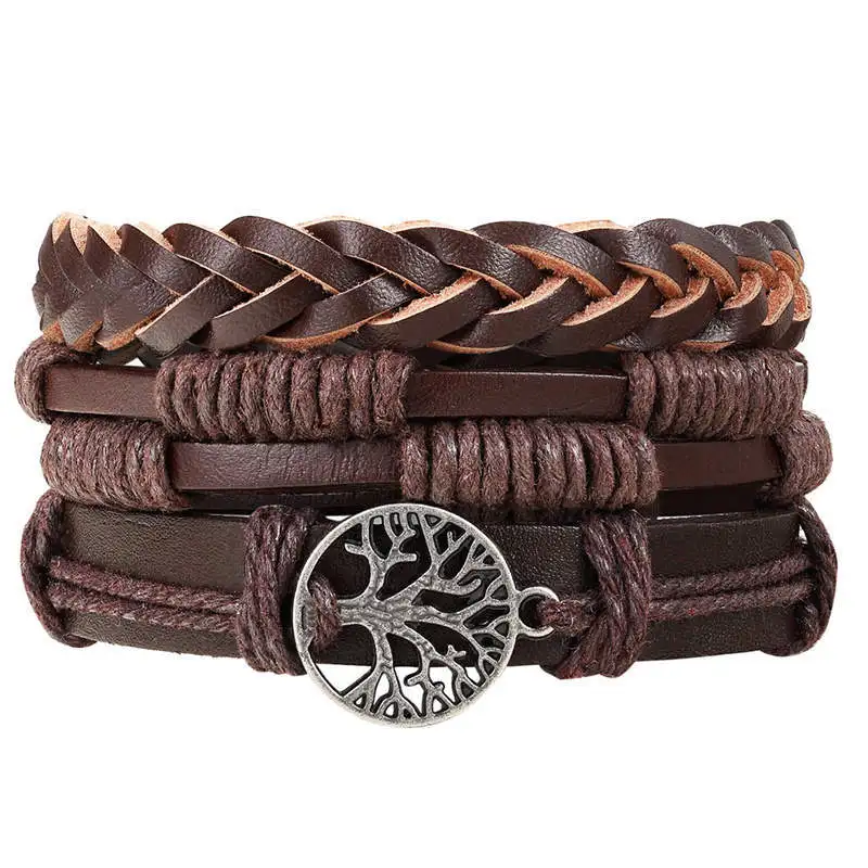 Leather Braided Bracelets for Men Vintage Tree of Life Amulet Rudder Ethnic Wooden Beads Tribal Wristband