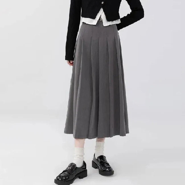 Custom Autumn Preppy Style Casual Blank High Waist Mid Length Pleated Skirt For Women