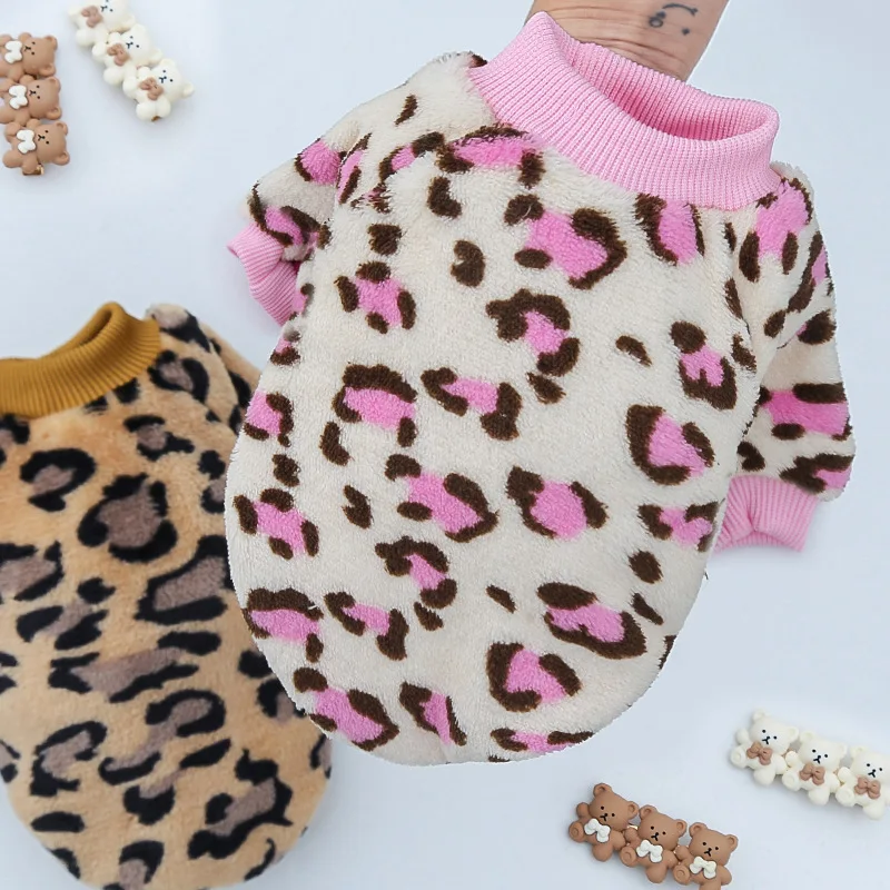 Wholesale Winter Plush Warm Leopard Print French Bulldog Dog Pajamas Clothes