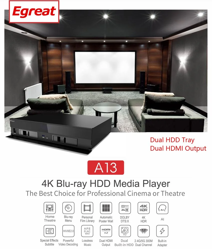 Проигрыватель Egreat A13 4K Ultra HD 3D Blu-Ray HDD и проигрыватель потокового видео с адаптивной проводной сетью 1000