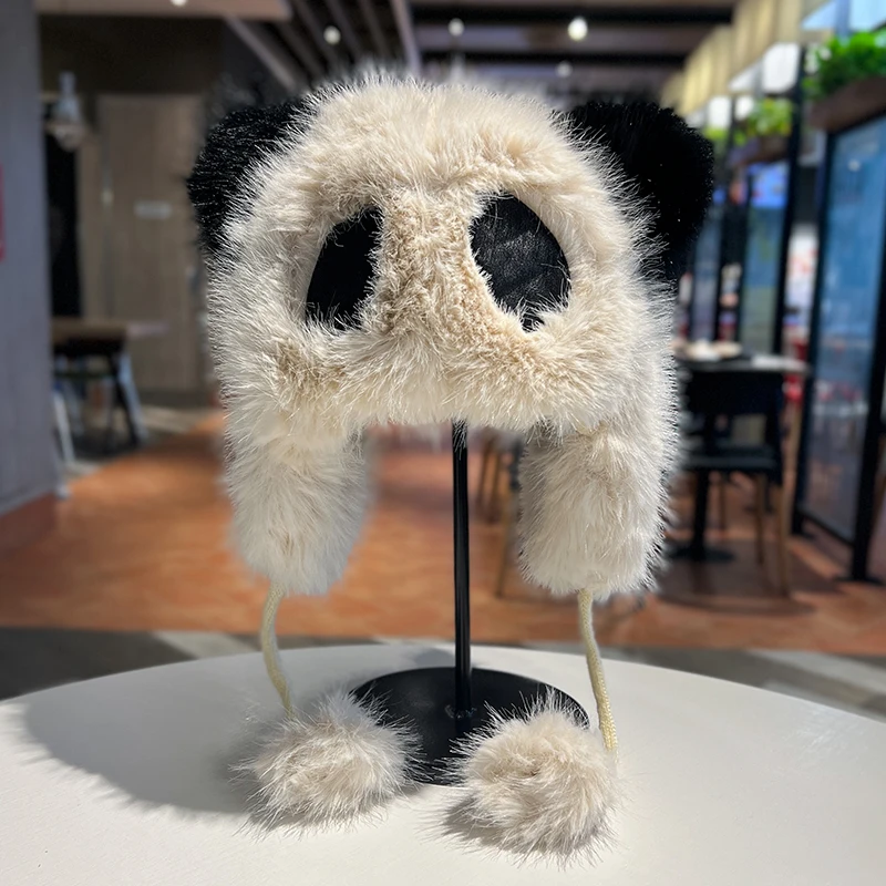 Factory Latest 2024 Hat Wholesale Cute Panda Sweet Cartoon Fluffy Pullover Ladies Hats For Women