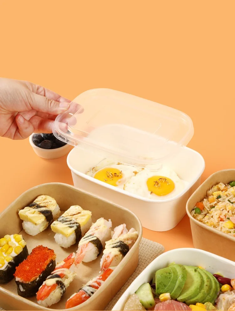 wholesale disposable square paper cup heatable kraft waterproof custom print logo paper salad poke bowl with PE lid