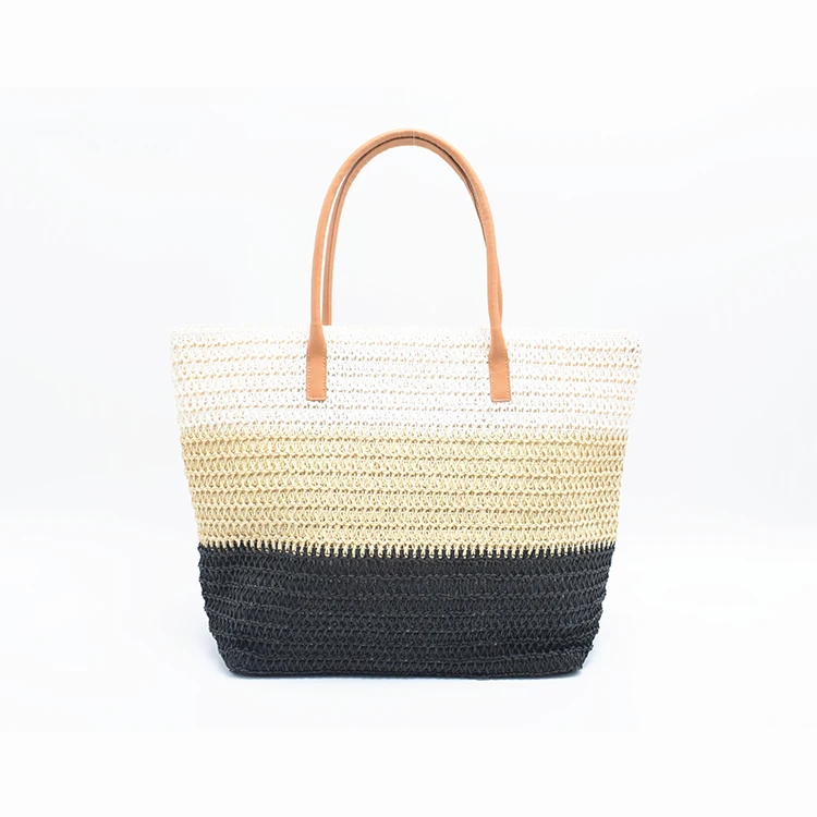 Factory cheap price fashion promotion woven crochet bag cotton belt tote handbag paper rope knitted beach bag