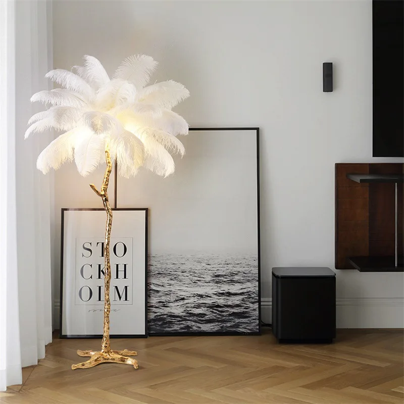 New ostrich floor lamp ins light luxury American resin all copper lamp decorative feather lamp