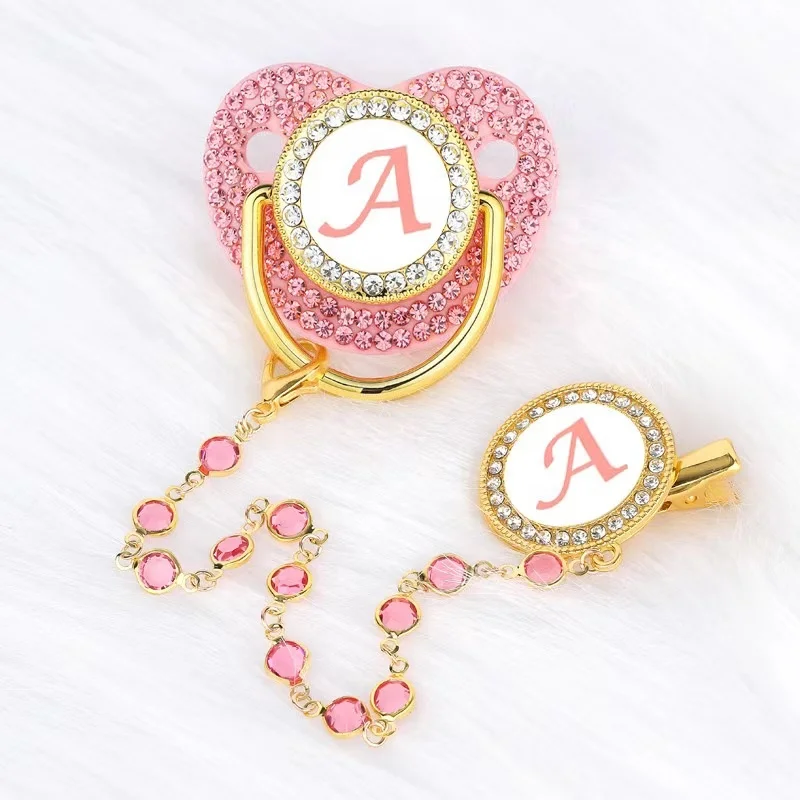 Food grade silicone diamond letter baby pacifier dot drill baby comfort with glass  pacifier chain