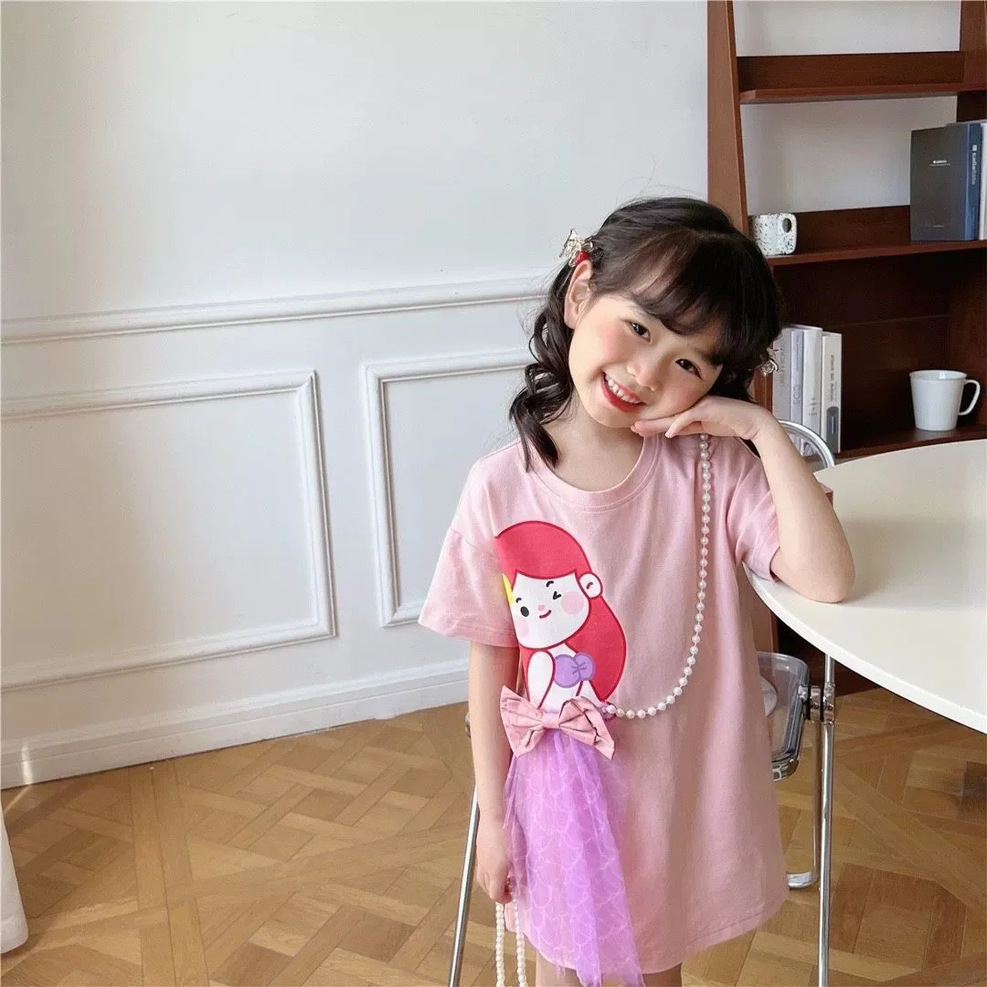 Princess Dress Little Girl Summer Short Sleeve Cute cartoon T-shirt skirt Baby casual long skirt bow style pearl gauze skirt