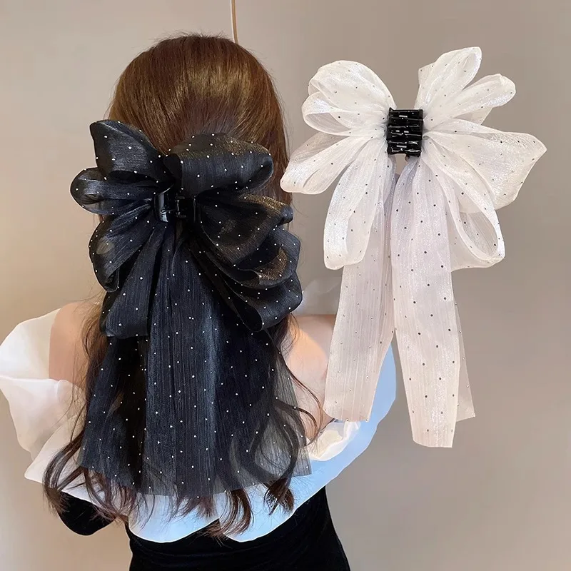 Hot Sale High Quality Black White Big Bow Hairpin Spring Clip Lace Ribbon Ladies Clip Fabric Hairgrips
