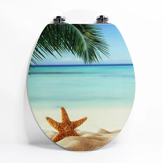 OEM star fish print MDF material soft close metal hinges elongated 19inch UV glossy toilet seat