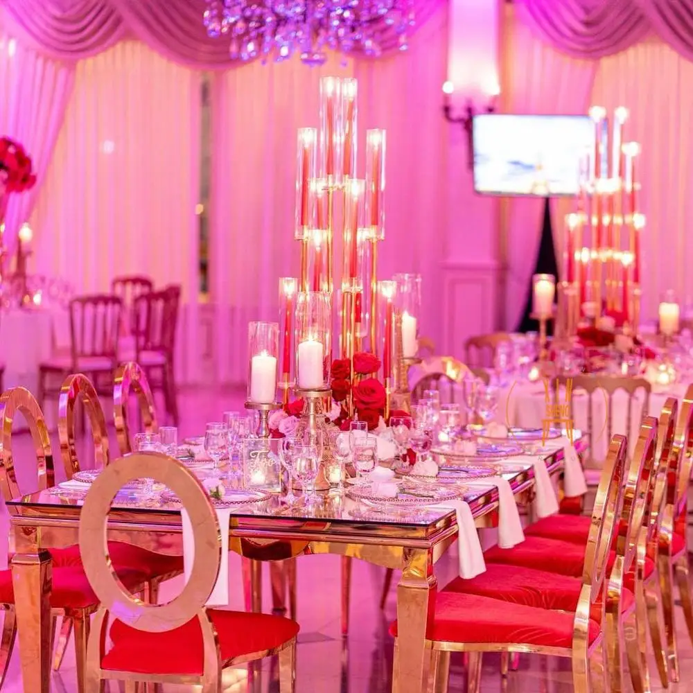 Wedding furniture stainless steel round mirror glass dining table for event