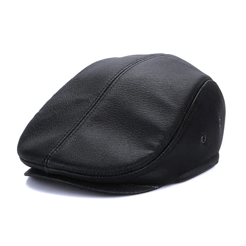 New Design Men Winter Warm Hat Genuine Cow Nappa Leather Cricket Hat Caps