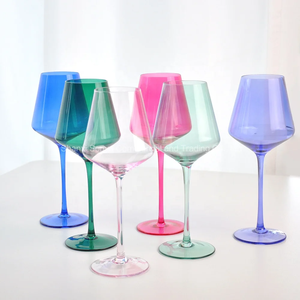 Custom Wholesale Lead-free Glass Blue Pink Green Colored Wine Glasses Crystal Stemware
