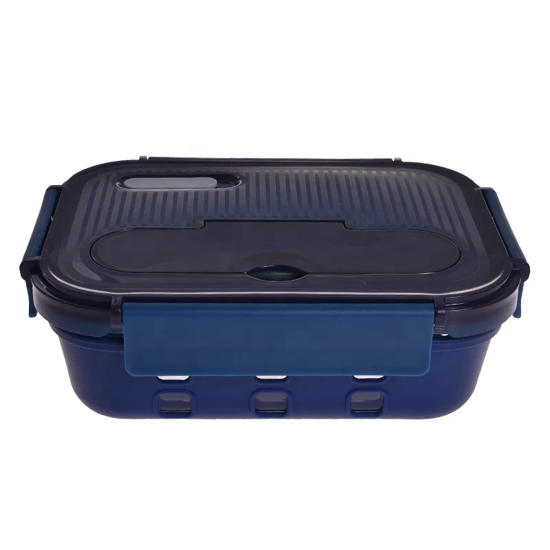 Deep  Blue color silicone cover glass food container storage box  with cutlery BPA free vented lid