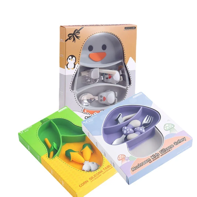 Kid Creative Cartoon Silicone Dining Plate Baby One-piece Dividing Auxiliary Food PlateTableware 5 Piece Set