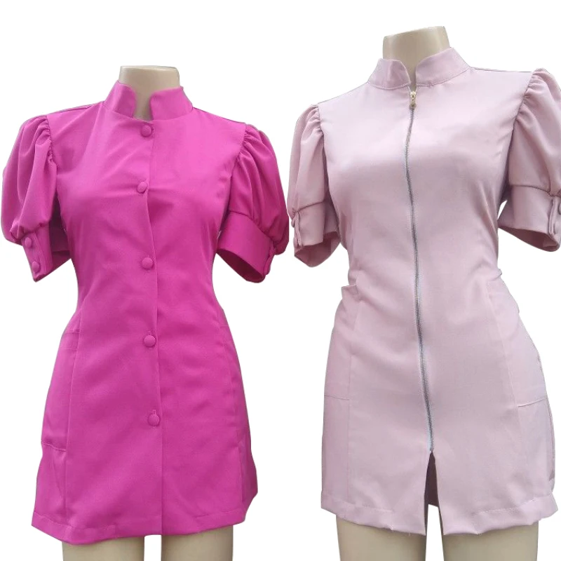 wholesale pink beauty salon uniform woman Chinese neck spa mujer skirt for ladies doctor drafted nurse dress with zipper pattern