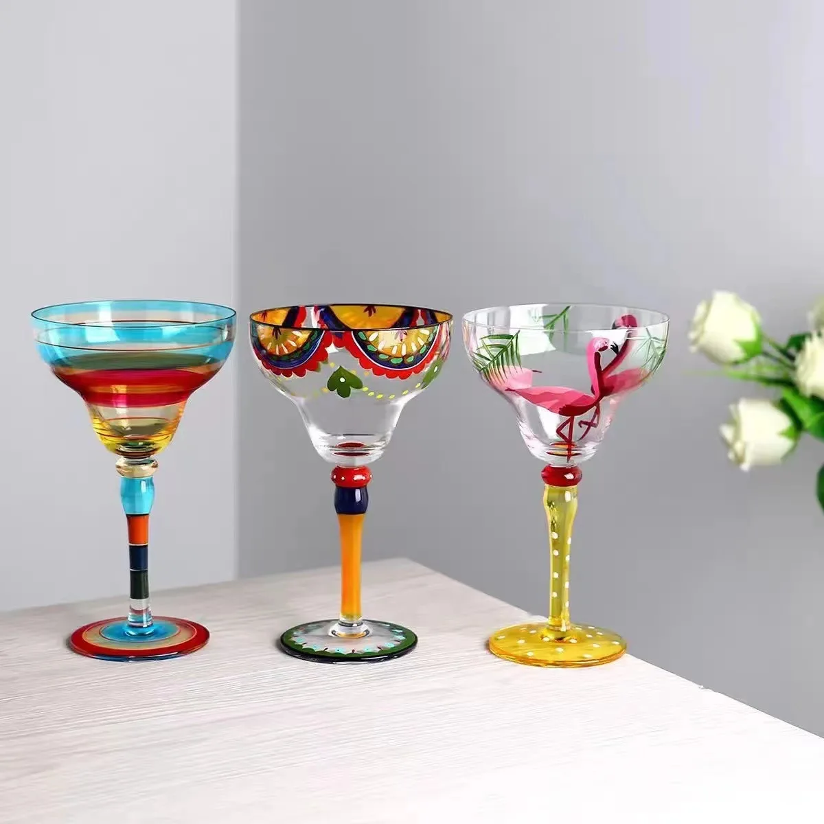 Hot sale creative painted margarita crystal glass tall triangle glass cocktail champagne flutes
