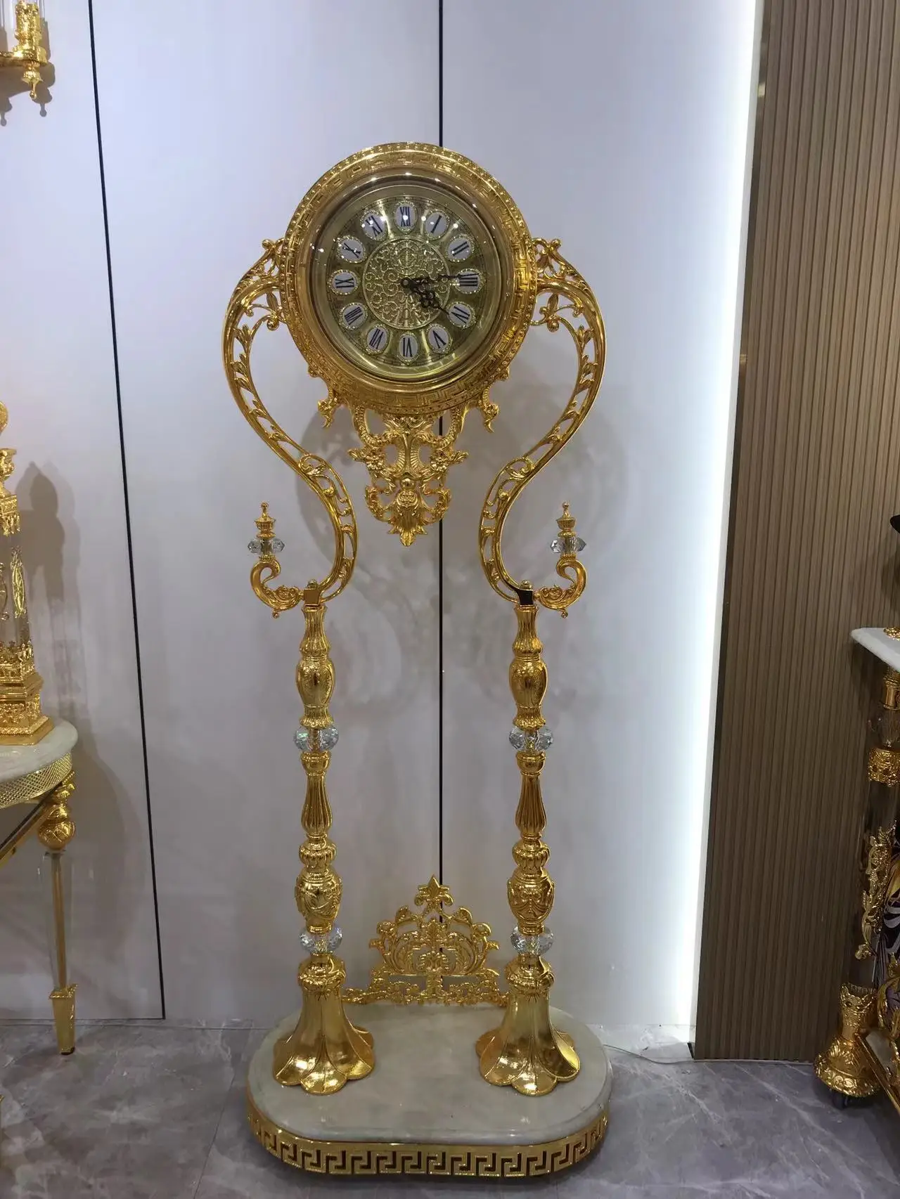 Golden Standing Clock Luxury Vintage Home Floor Clock Crystal Gold Grandfather Clock