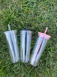 16oz 24oz Wholesale Double Wall Clear insulated  Acrylic plastic Tumblers  with Lid and Straw Large Classic Travel Tumbler