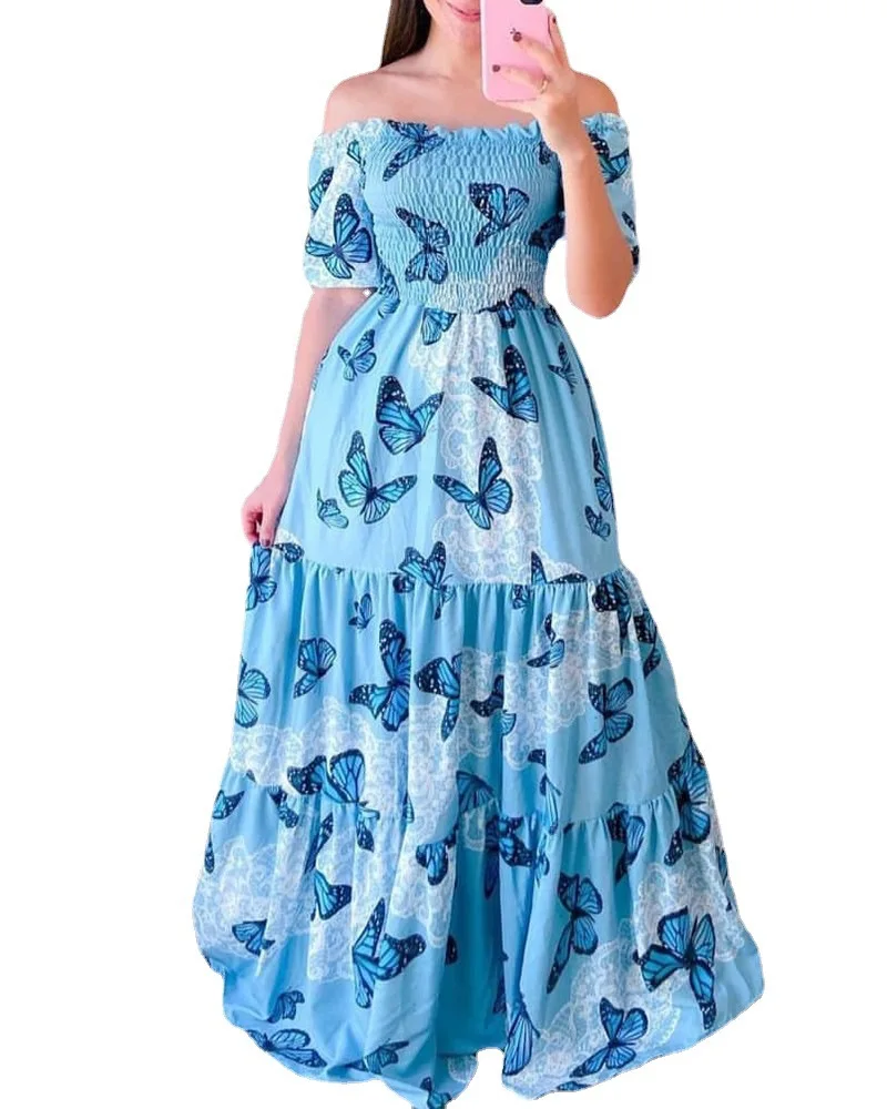 Factory Wholesale Manufacturer New Arrival Cheap Price Summer Elegant Clothes Ladies Maxi Clothing Women  One-shoulder Floral Ca