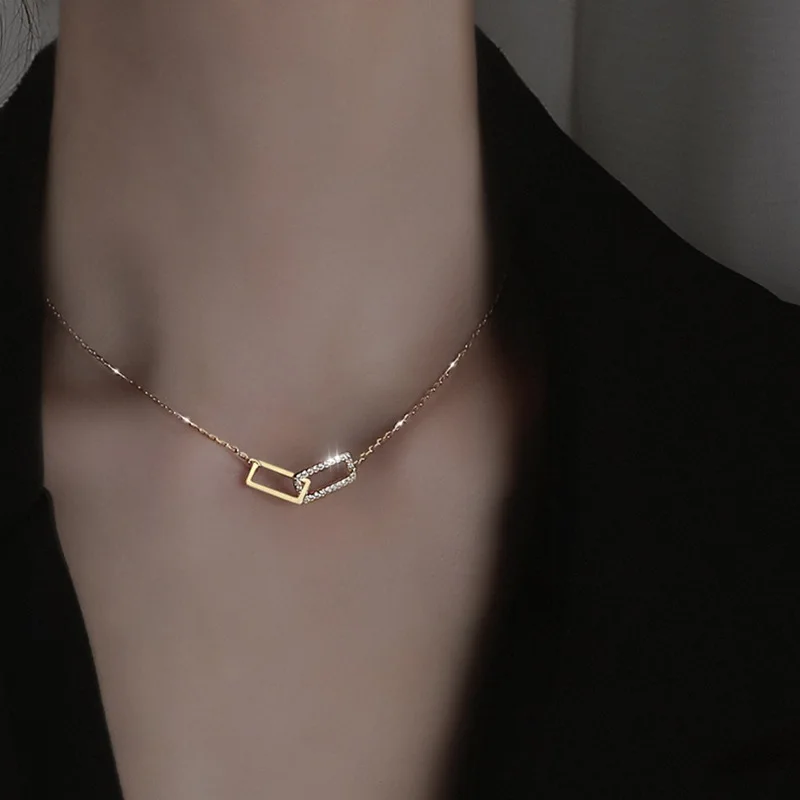 
2021 Hot Selling Jewelry Geometric Cz Circle Necklaces 18k Gold Plating Double Square Circles Link Chain Necklaces 