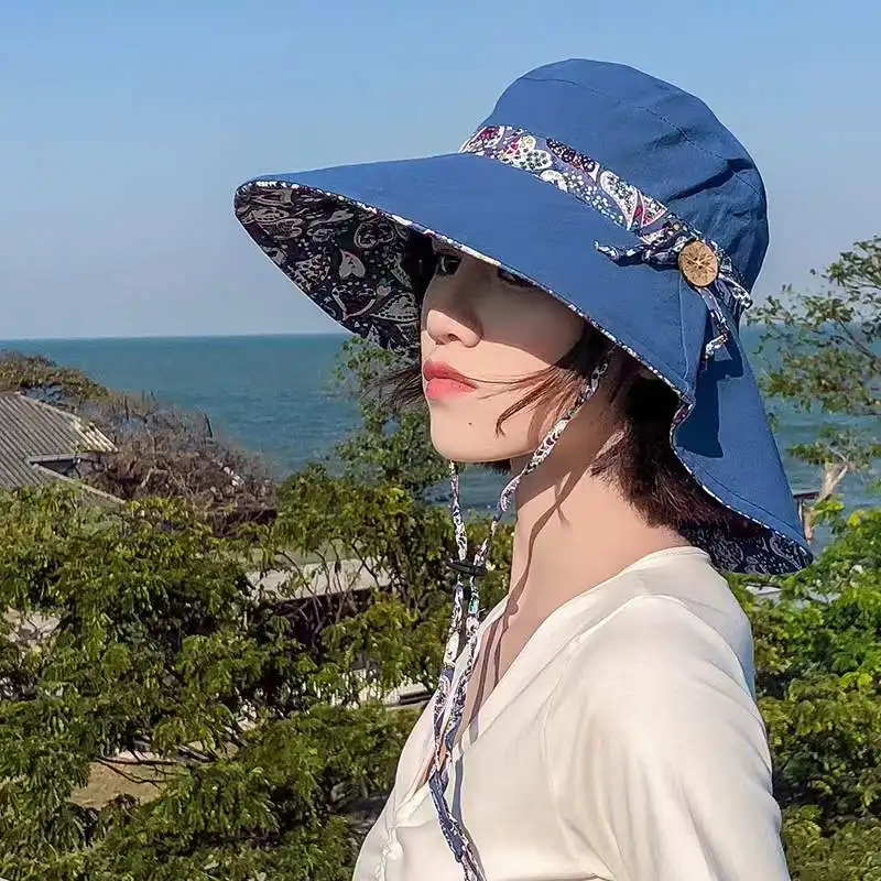 Reversible All Over Print Cotton Bucket Hat Finished With  Printed Fabric Neck Tie Beach Hat