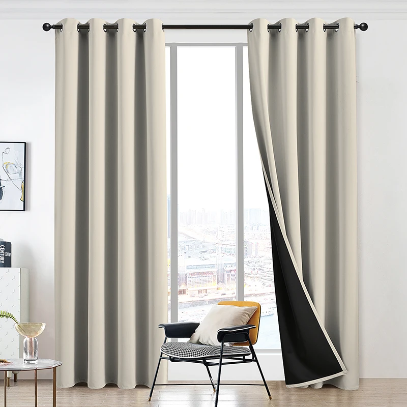 Modern minimalist beige Munich black silk physical strong shading living room bedroom curtains finished product
