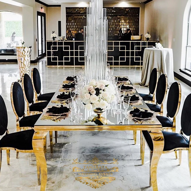 
Romantic glass top wedding hall gold stainless steel wedding table 
