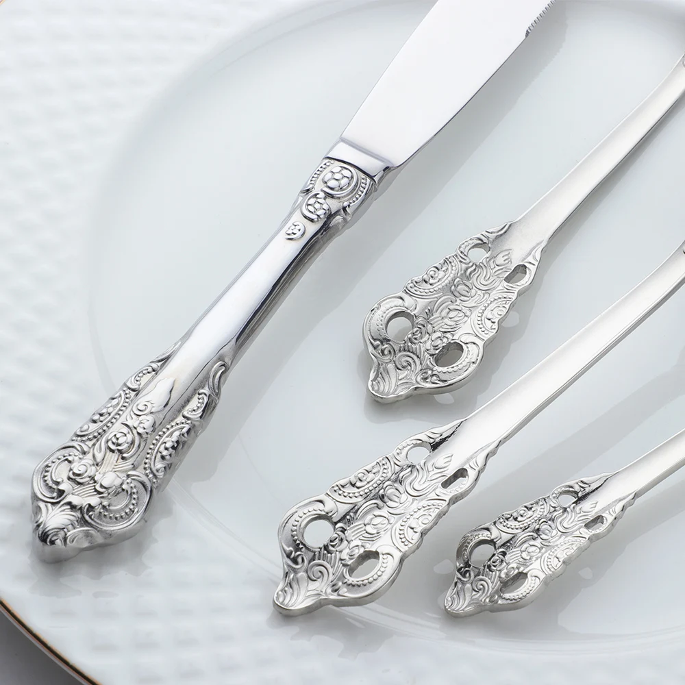 BAISHI  Vintage European Silverware Cutlery  Knife Spoon Fork 4 Pieces Dinner Set  Factory Wholesale Stainless Steel tableware