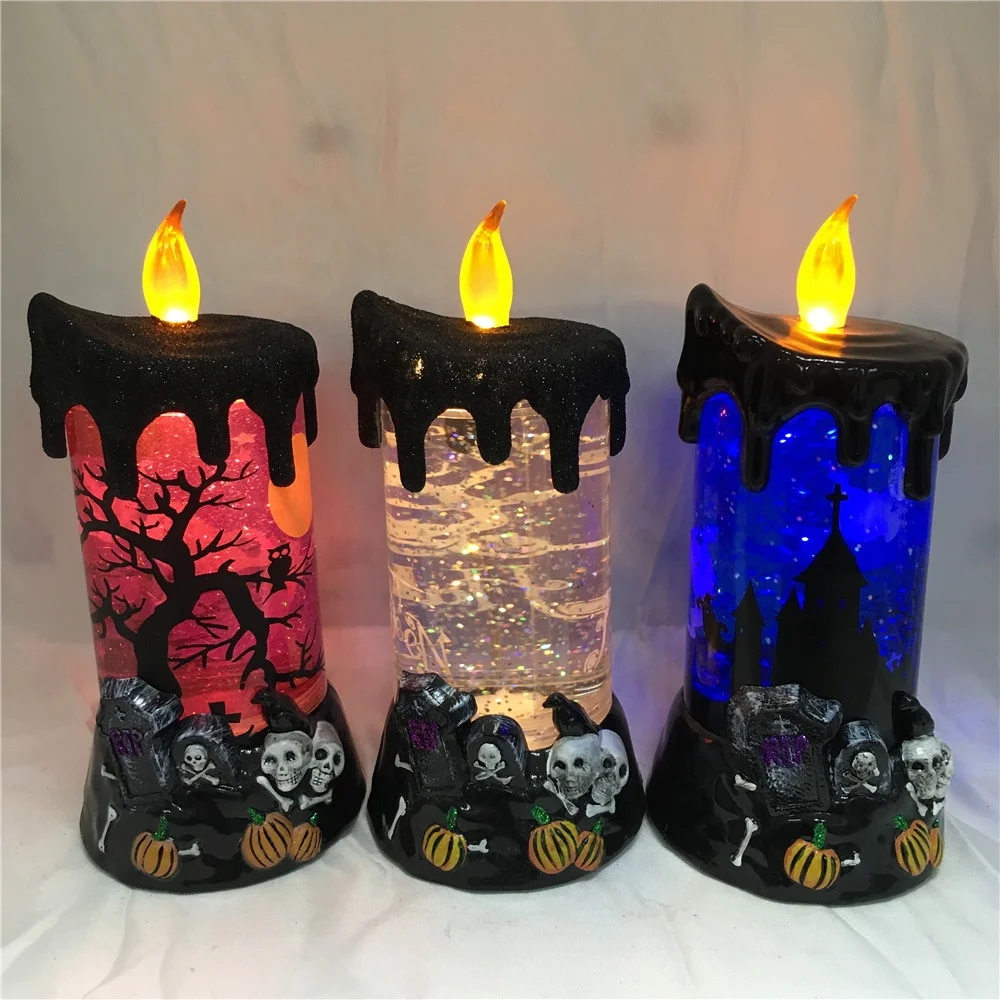 
Battery Operated RGB LED Light Up Glitter Water Filled Tombstone Base Halloween Led Candle 