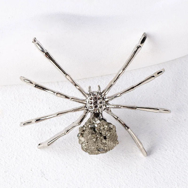 New Pyrite Alloy Octagonal Spider Design Figurine Natural Crystal Gemstone Mineral Specimen Decor Sparkling Halloween Ornament