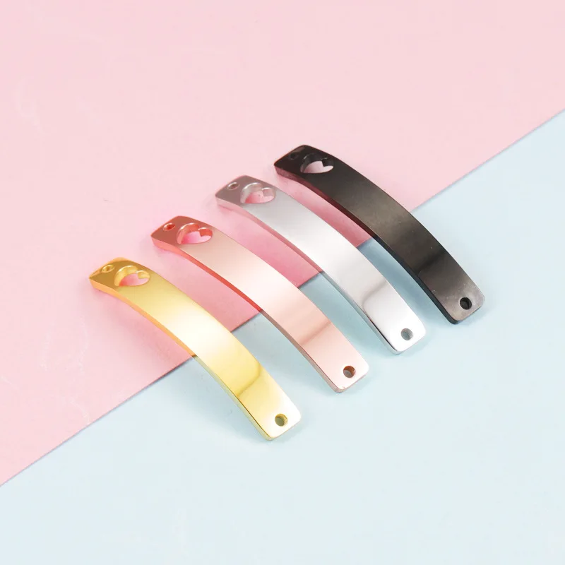 Ready to Ship Fashion Stainless Steel Bar Accessories Hollow Heart Curved Engraved Name Logo Strip For Jewelry Making