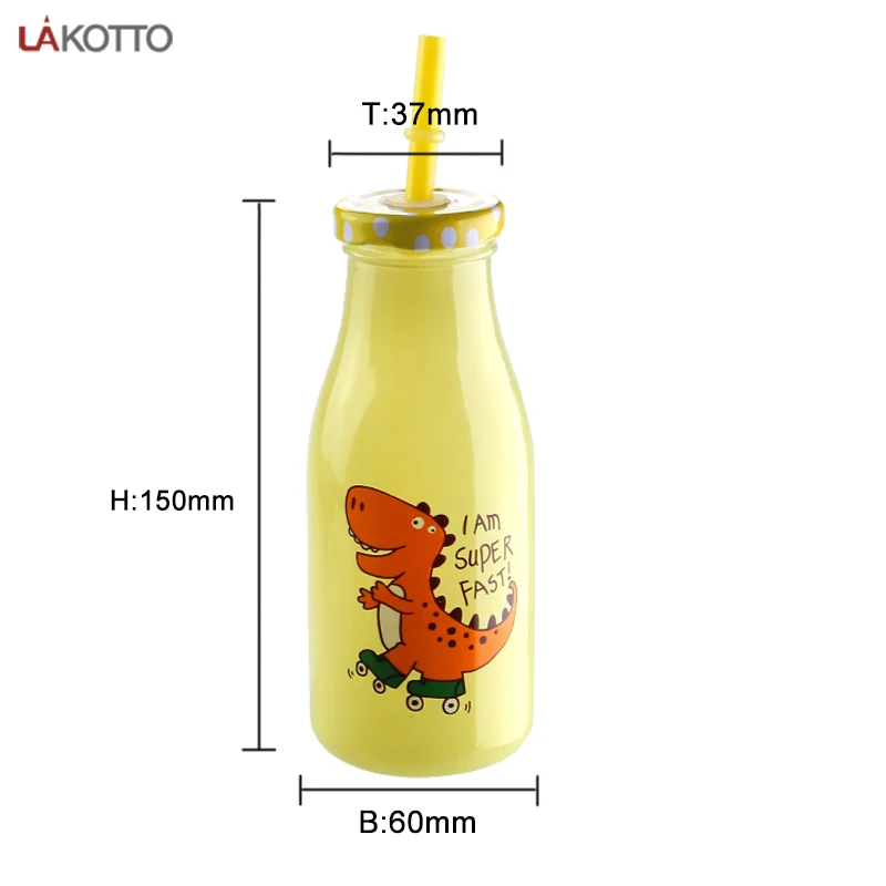 9.5oz Dairy Reusable Glass Milk Bottles with Straws and Metal Screw on Lids