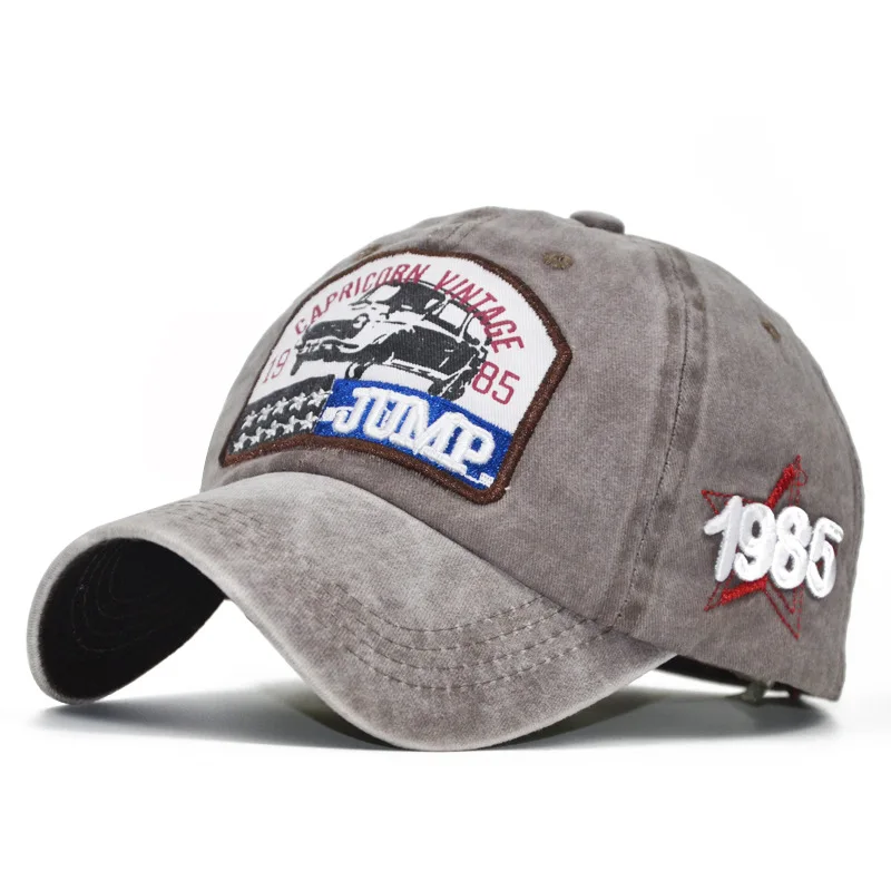 3D applique embroidery washed vintage baseball hat custom JUMP 1985 denim unisex dad hat wholesale