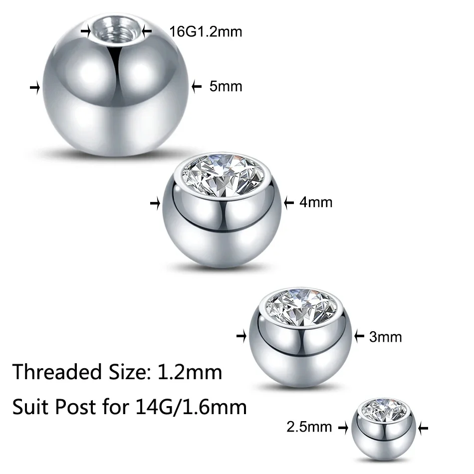 G23 Titanium Ball Body Jewelry Accessories 14G 16G Zircon External Thread Internal Thread Labret Earrings Barbell Ball