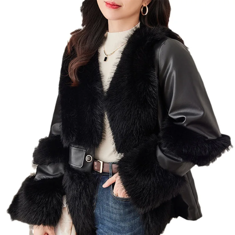 Elegant Women Fox Fur Collar Short Coat PU Leather Faux Fur Jacket