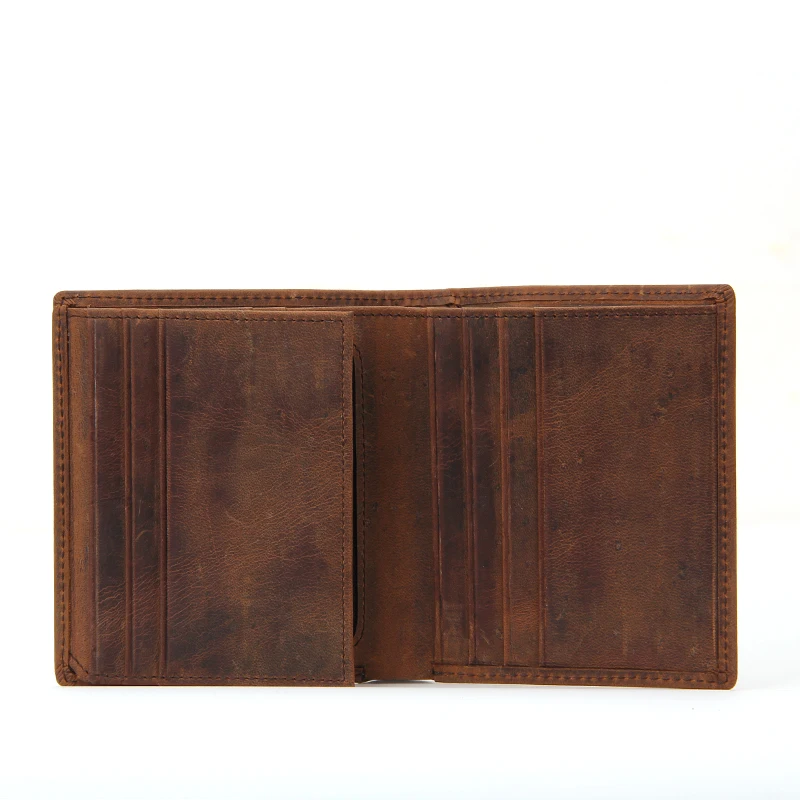 Custom Wallet Maker Mens Flip Side Wallet RFID Brown Crazy Horse Leather Wallet