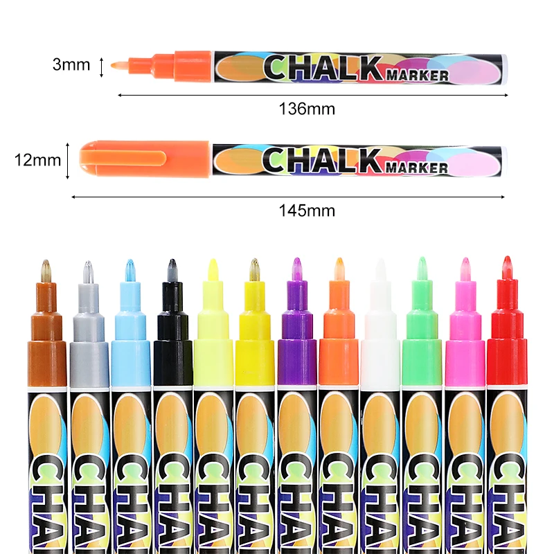 12colors Reversible Tip Liquid Chalk Marker Pen Set Water-based Led Board Liquid Chalk Marker
