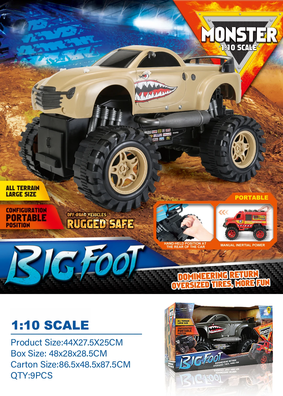 3+age 1:10 scale portable big size monster off road truck with powerful over sized tired for CHILDREN