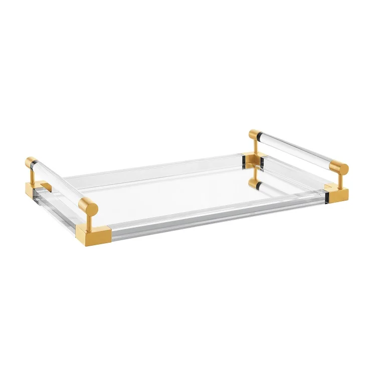 Acrylic serving tray with golden handle, mirror acrylic hotel serving tray with metal decoration