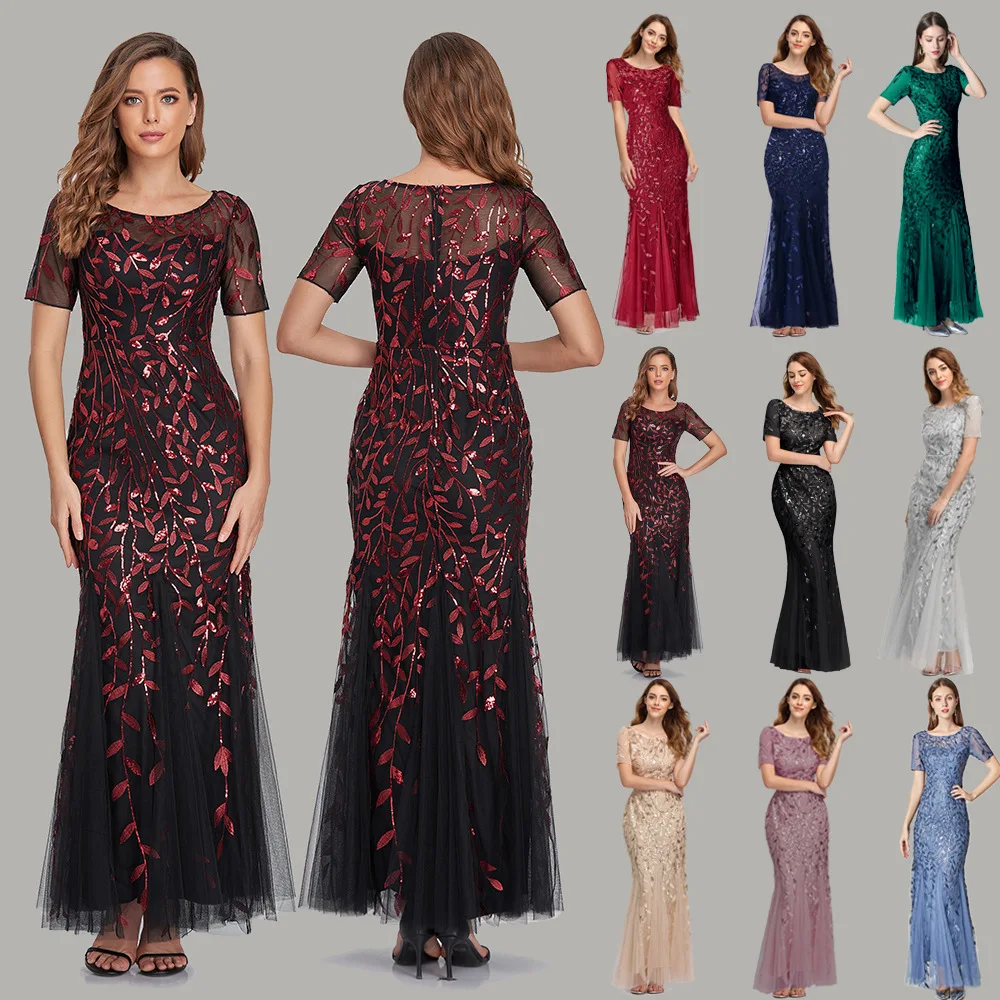 2021 Banquet Host Slim Mesh Sequin Evening Dress Fishtail Cocktail Dresses Night Dress Party Evening (1600339853861)