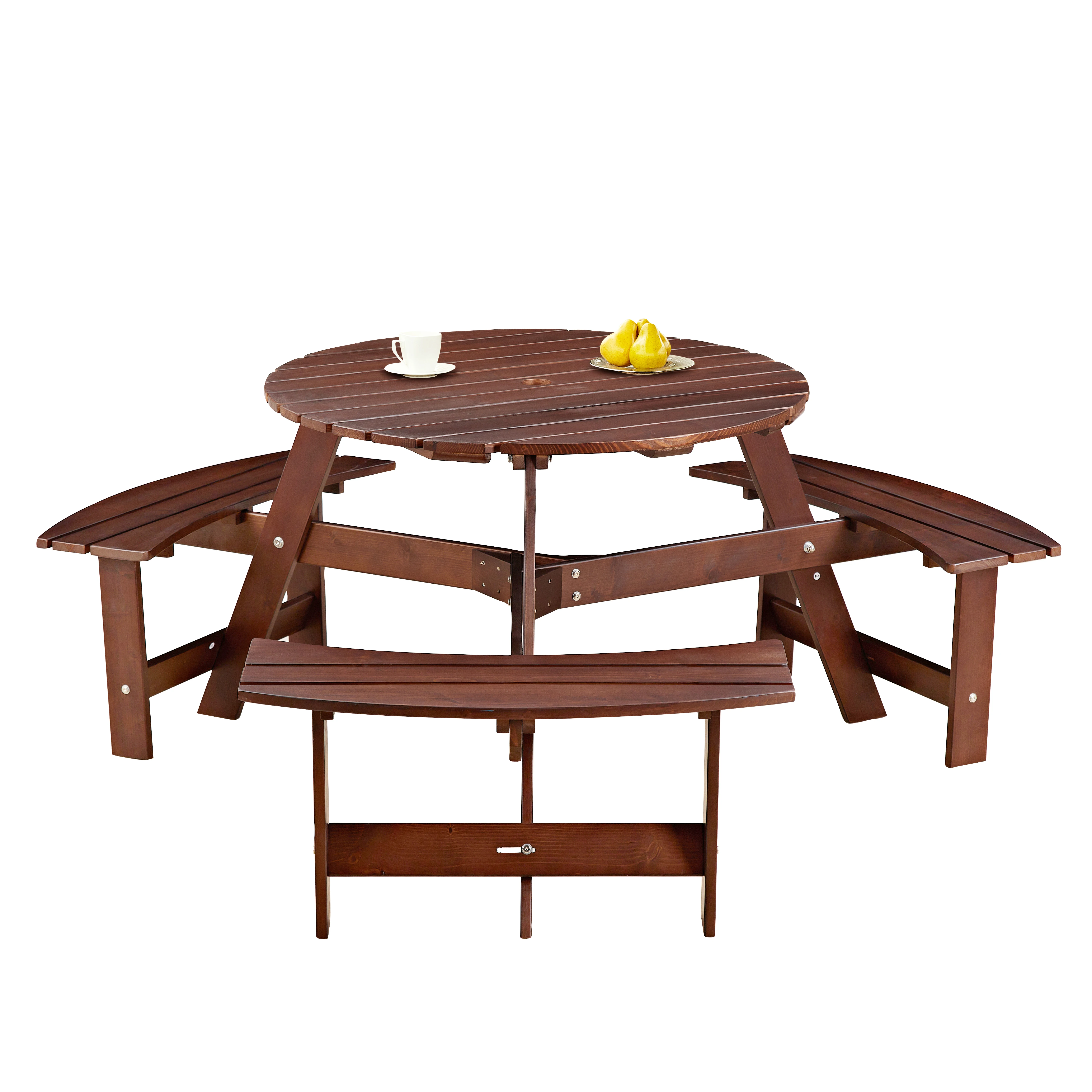 6 person Round Picnic Table with 3 Built-in Benches, Umbrella Hole for Garden, Backyard, Porch, Patio, Brown