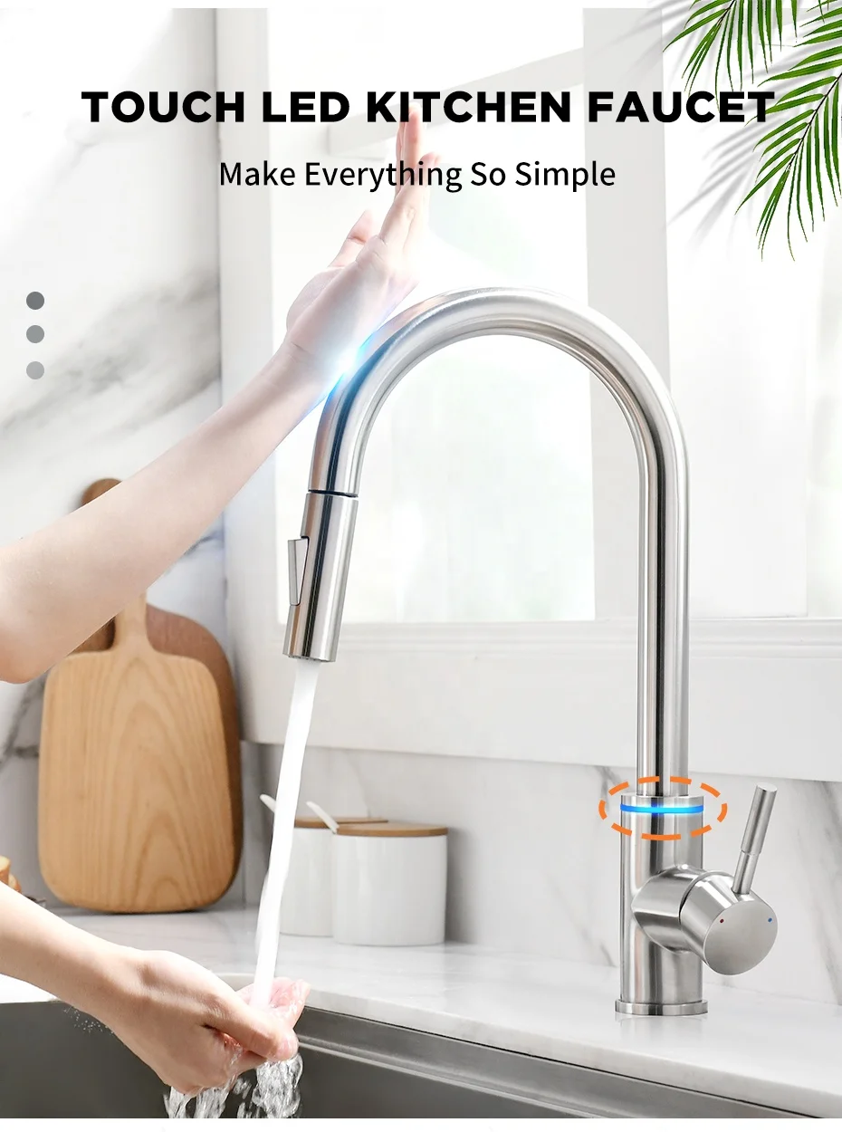 Hot sale sus304 Pull out Smart Touch Sensor Kitchen Faucet with LED 3 Way Water Saving Faucet Hot Cold Mixers Tap
