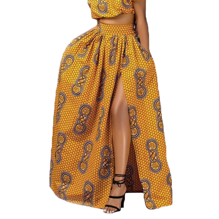 
High Split Women African Printed Casual Maxi Skirt Flared Skirt Multi Size A Line Skirt S-XL 