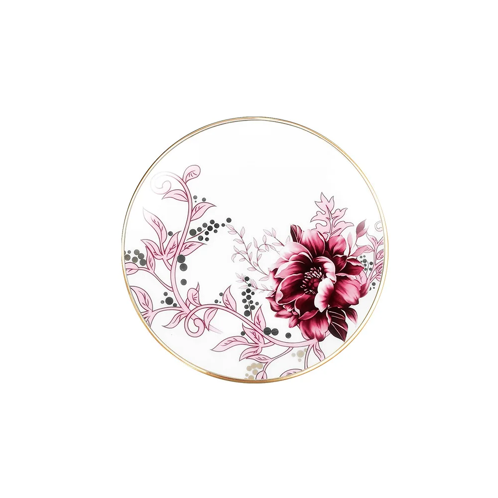 Burgundy Peony Ceramic Dinner Tableware Set Restaurant Crockery Hotelware Events Wedding Gifts Hand Engraved Sustainable