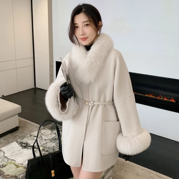 Winter Cashmere Fur Coat Plus Size Wool Coats for Women Real Fox Fur Collar Belt Fluffy Jacket