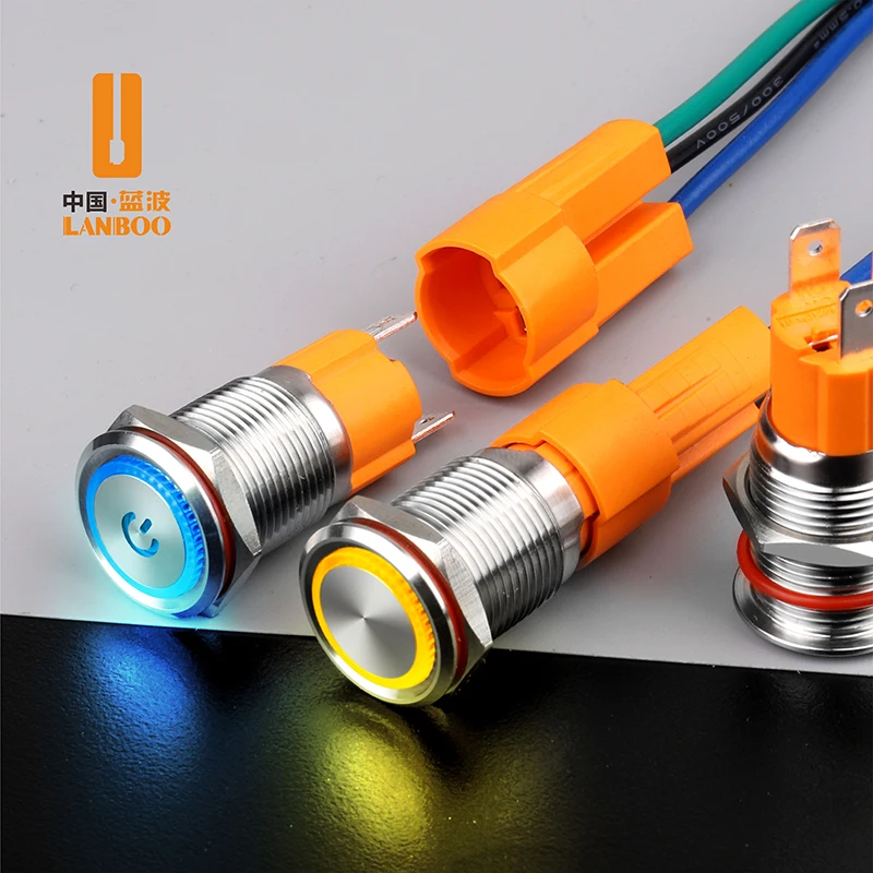 Металлический кнопочный переключатель LANBOO, 10 А, водонепроницаемая нержавеющая сталь/хромированный корпус со светодиодом 16 мм 19 мм