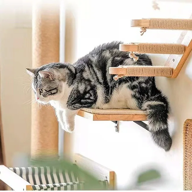 Pet cat jumping platform floating wall frame, sisal cat scratch pad wooden wall hanging wooden cat climbing frame