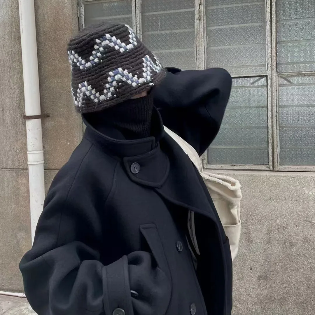 Autumn Casual Crochet Man Wearing Hat Wave Pattern Fishermen Cap Cotton Knitted Bucket Hat