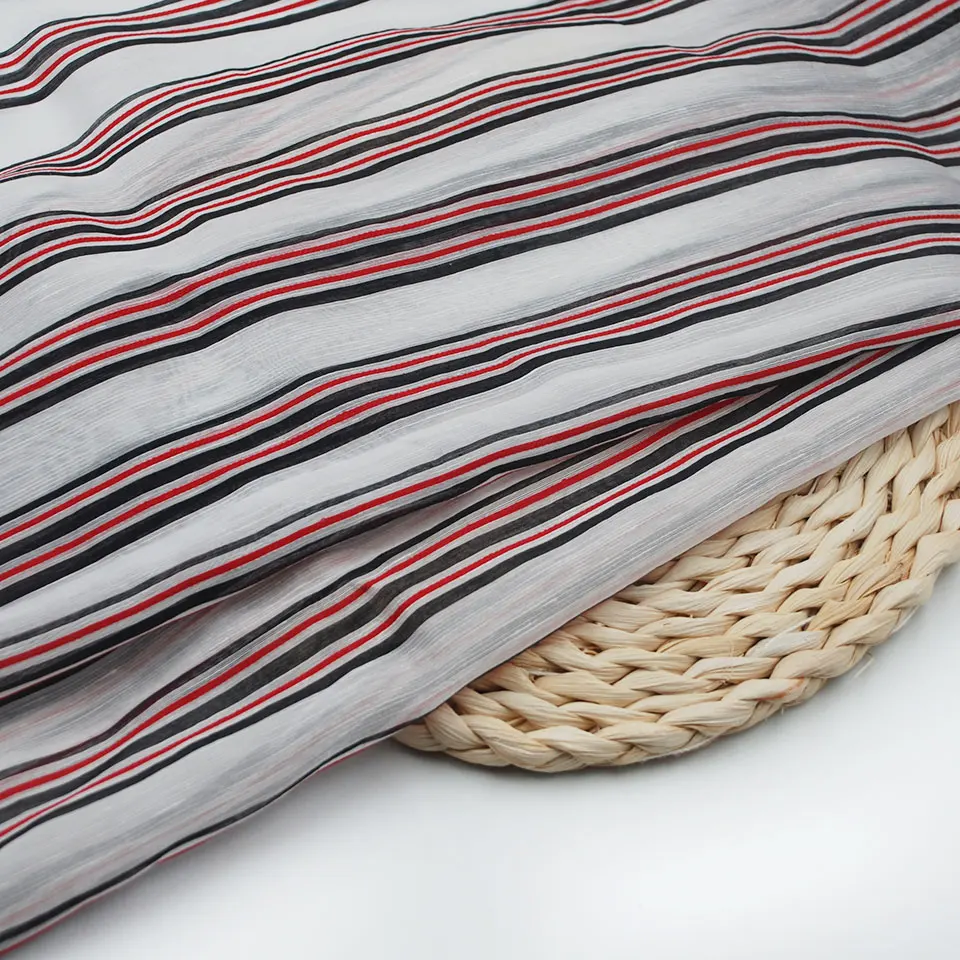 Summer sheer shirt 65gsm lightweight red black stripe lyocell linen blended nylon yarn dye fabric